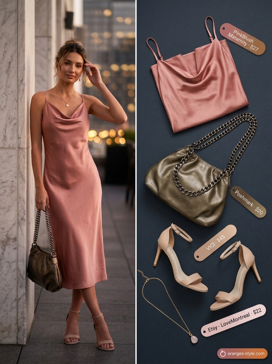 Desert Rose Garden summer cocktail outfit: dusty rose cowl neck slip dress, nude heels, and bronze bag for a garden party.