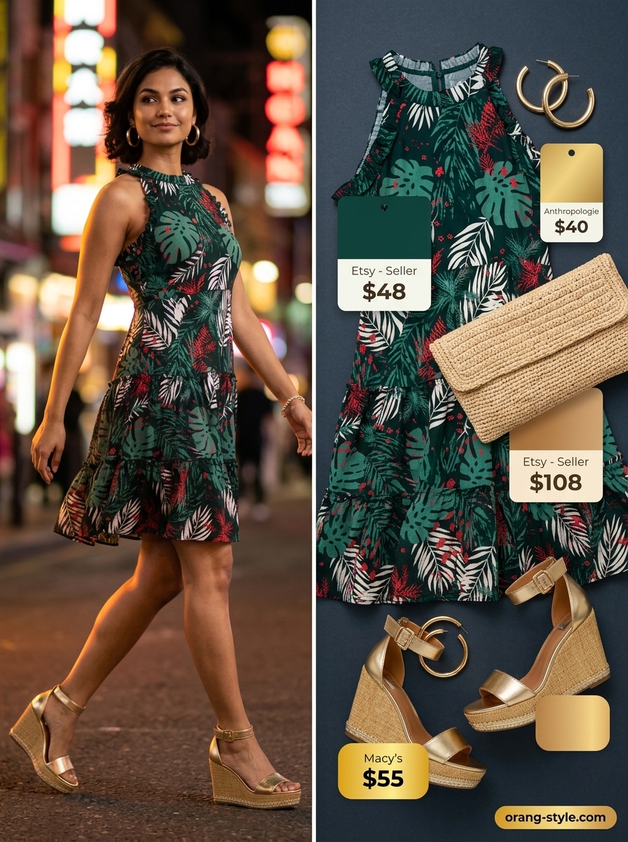 Tropical Heatwave summer cocktail outfit: emerald green halter dress, gold hoops, and raffia clutch for a poolside party.