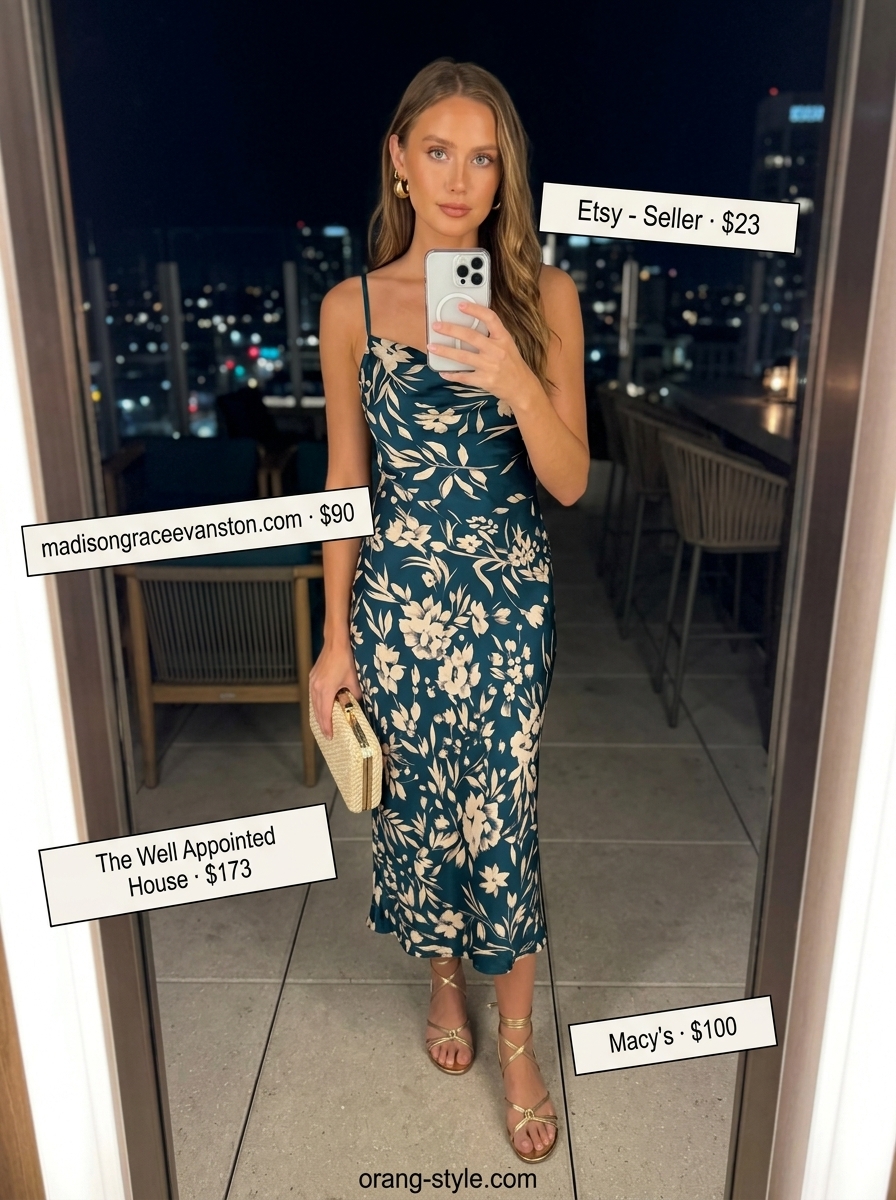 Island Escape Gala summer cocktail outfit: teal and cream floral slip dress, gold hoops, and straw clutch for a destination wedding.