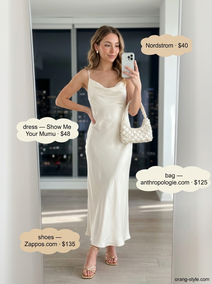 Ivory cowl neck mini dress, champagne heels & pearl studs for a summer cocktail party outfit for women 2026.