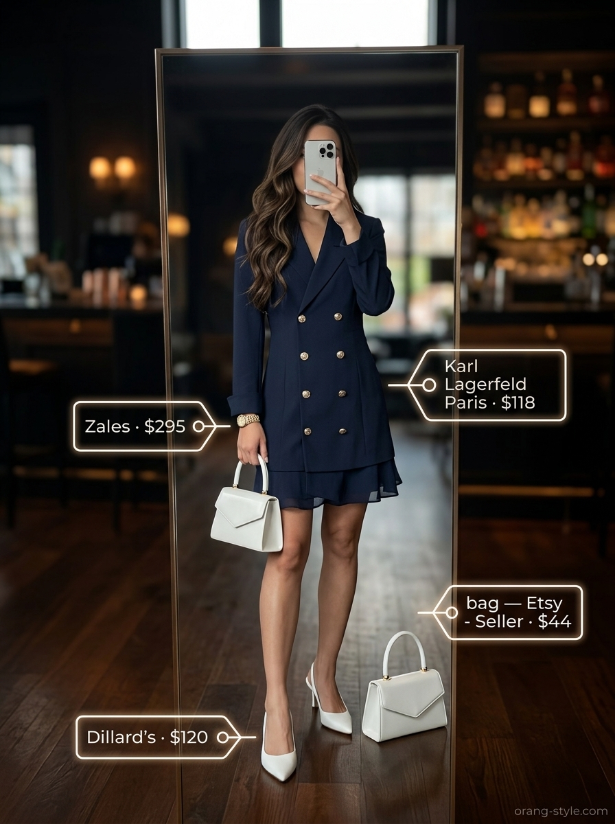 Parisian Night Out summer cocktail outfit: navy blazer dress, white slingbacks, and gold watch for a chic gallery opening.