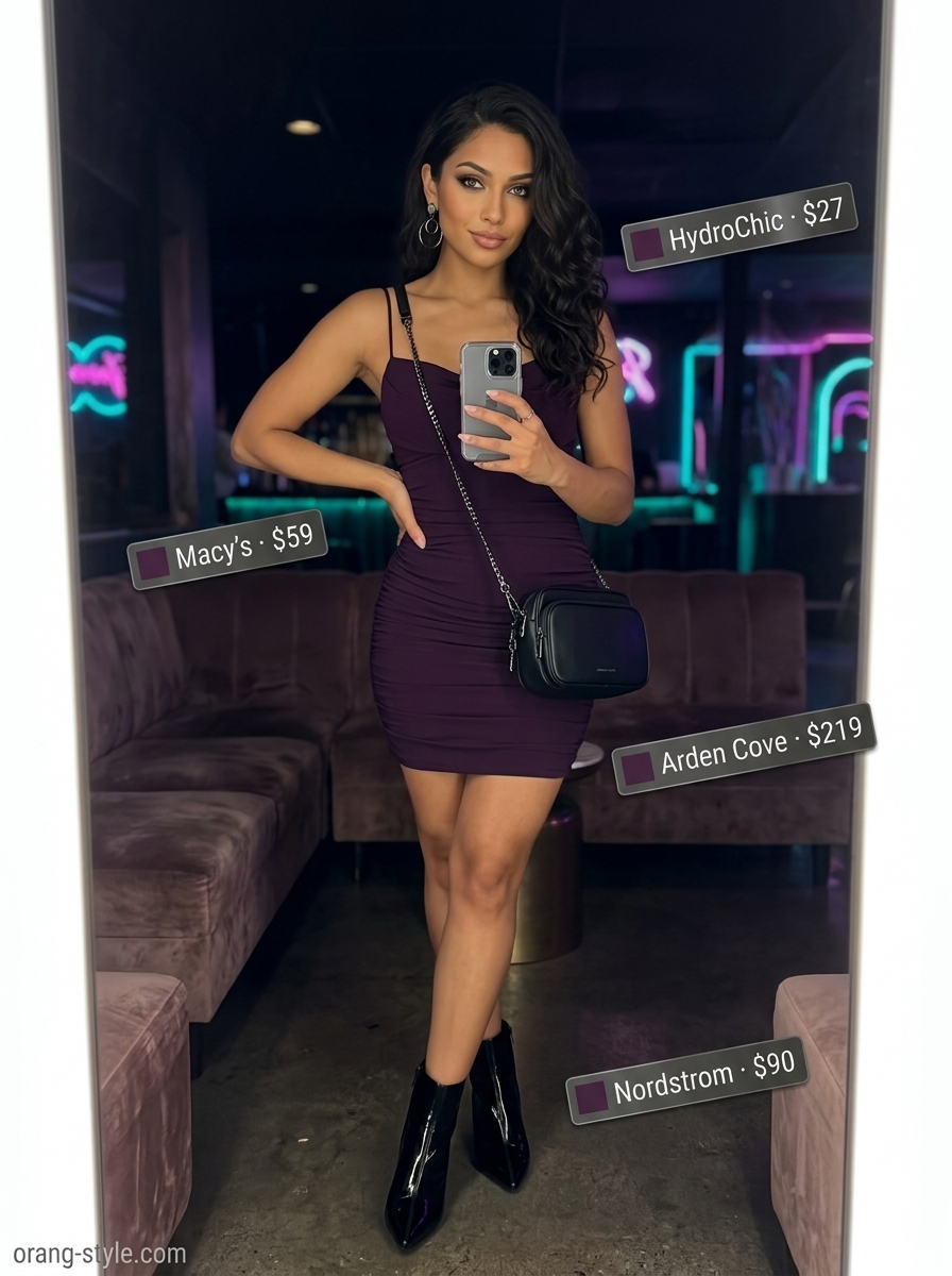 Deep plum bodycon mini dress, black ankle boots & gunmetal hoops for a summer cocktail party outfit for women 2026.