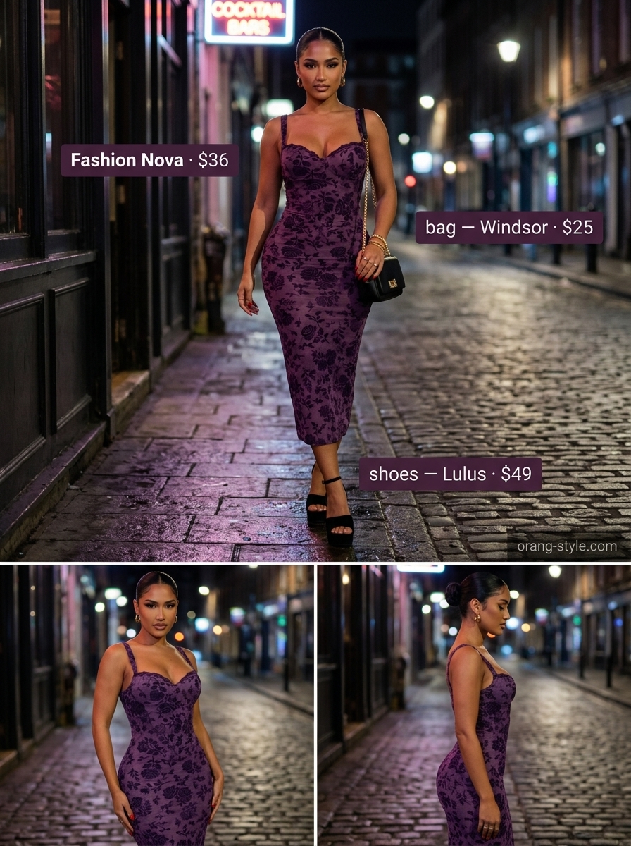 Deep plum floral mesh midi dress, black velvet heels & gold rings for a summer cocktail party outfit for women 2026.