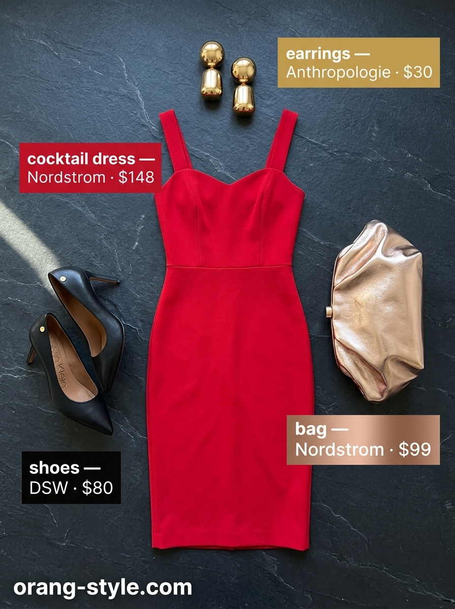 Classic Red Carpet Ready summer cocktail outfit: true red strapless dress, black pumps, and gold accessories for a gala event.