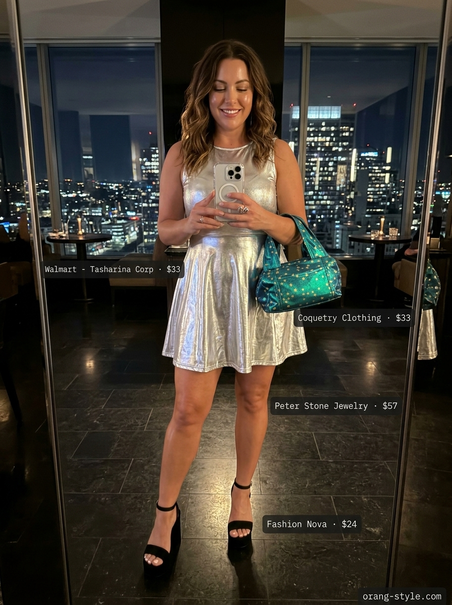 Cosmic Dance Floor summer cocktail outfit: metallic silver shift dress, black platform heels, and holographic bag for a theme party.