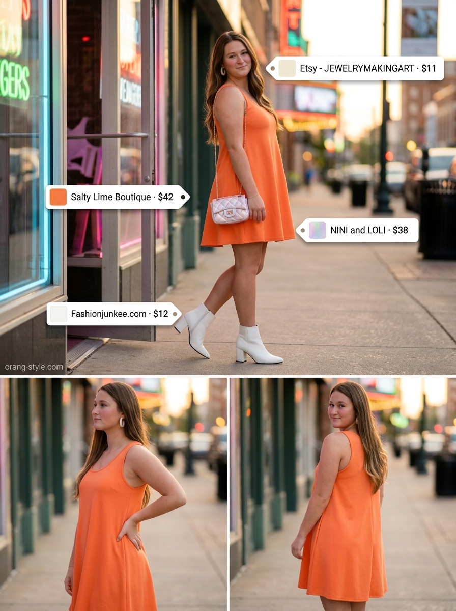 Retro Pop Party summer cocktail outfit: tangerine A-line mini dress, white ankle boots, and iridescent bag for a themed party.