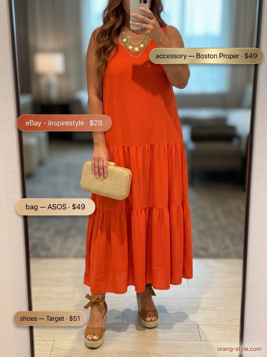 Terracotta linen maxi dress, straw clutch & espadrille wedges for a summer cocktail party outfit for women 2026.