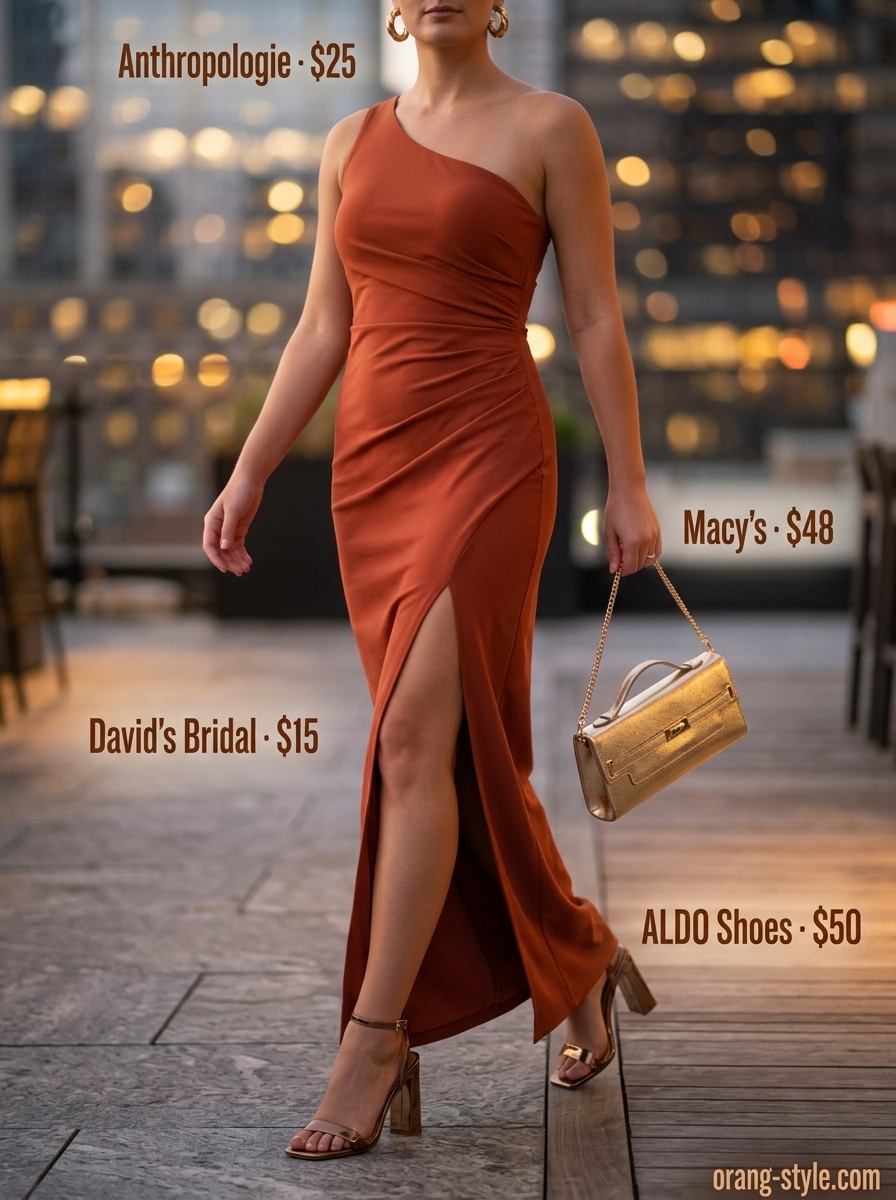 Terracotta one-shoulder midi dress, bronze sandals & gold clutch for a summer cocktail party outfit for women 2026.
