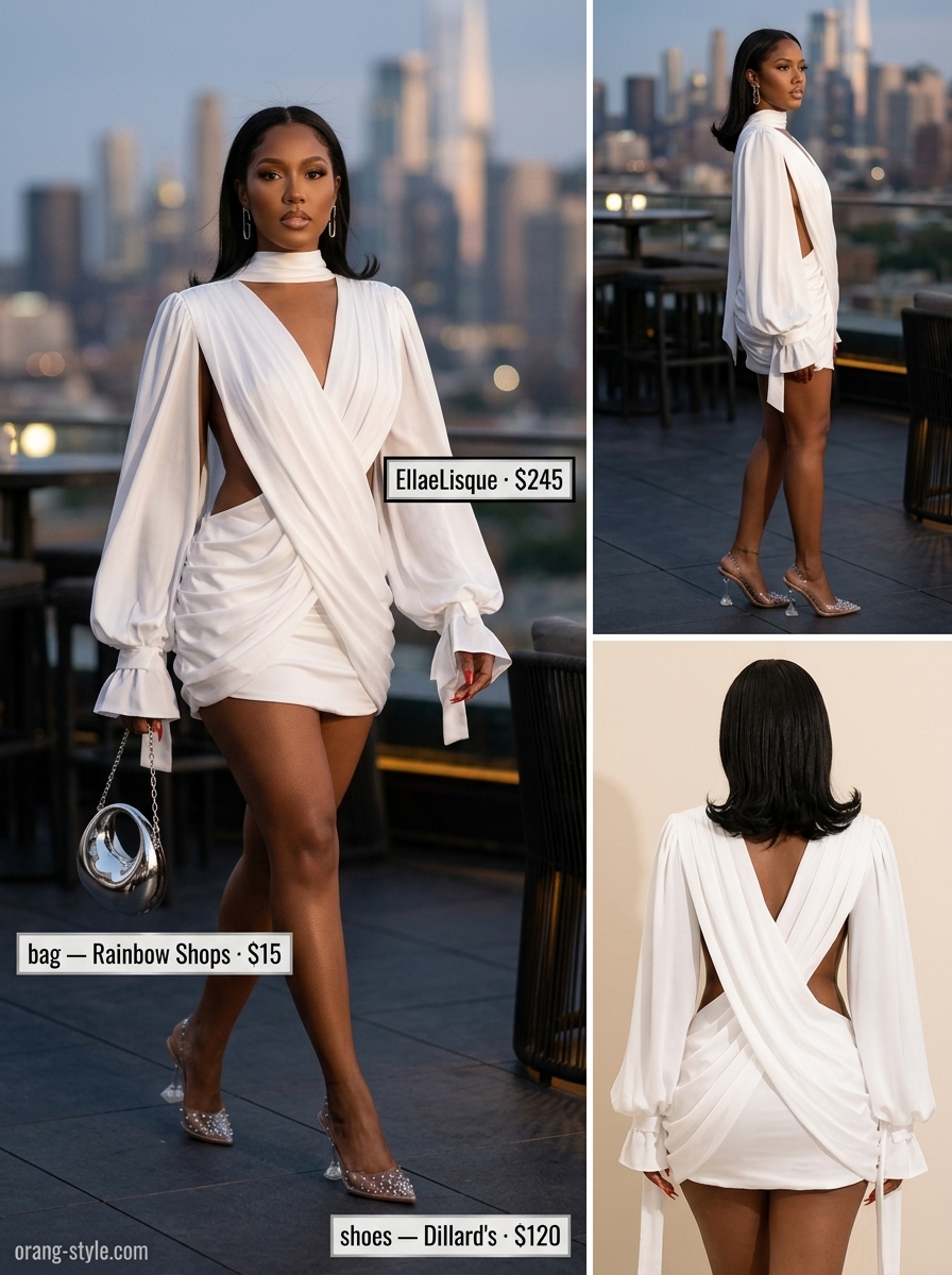 Modern Art Gallery Opening summer cocktail outfit: optic white cut-out dress, silver geometric earrings, and clear vinyl heels.