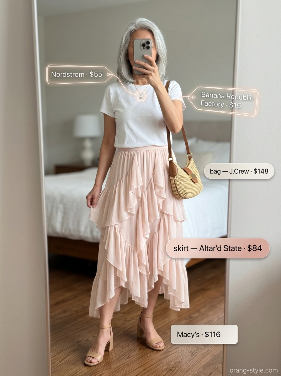 Elegant summer cotton outfit for women over 60 2026: Blush skirt, white tee, straw bag, block heels.