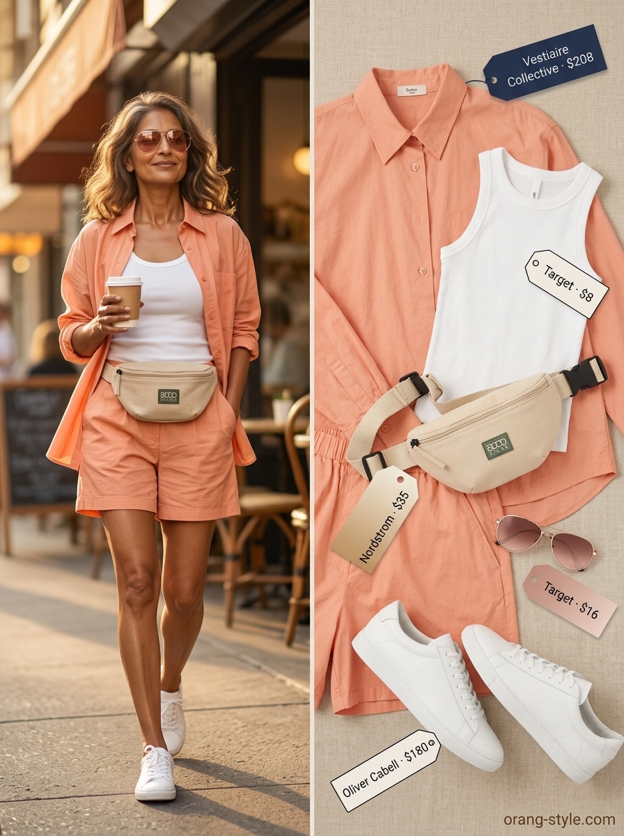 Relaxed summer cotton outfit for women over 60 2026: coral shorts set, white sneakers. Casual weekend.