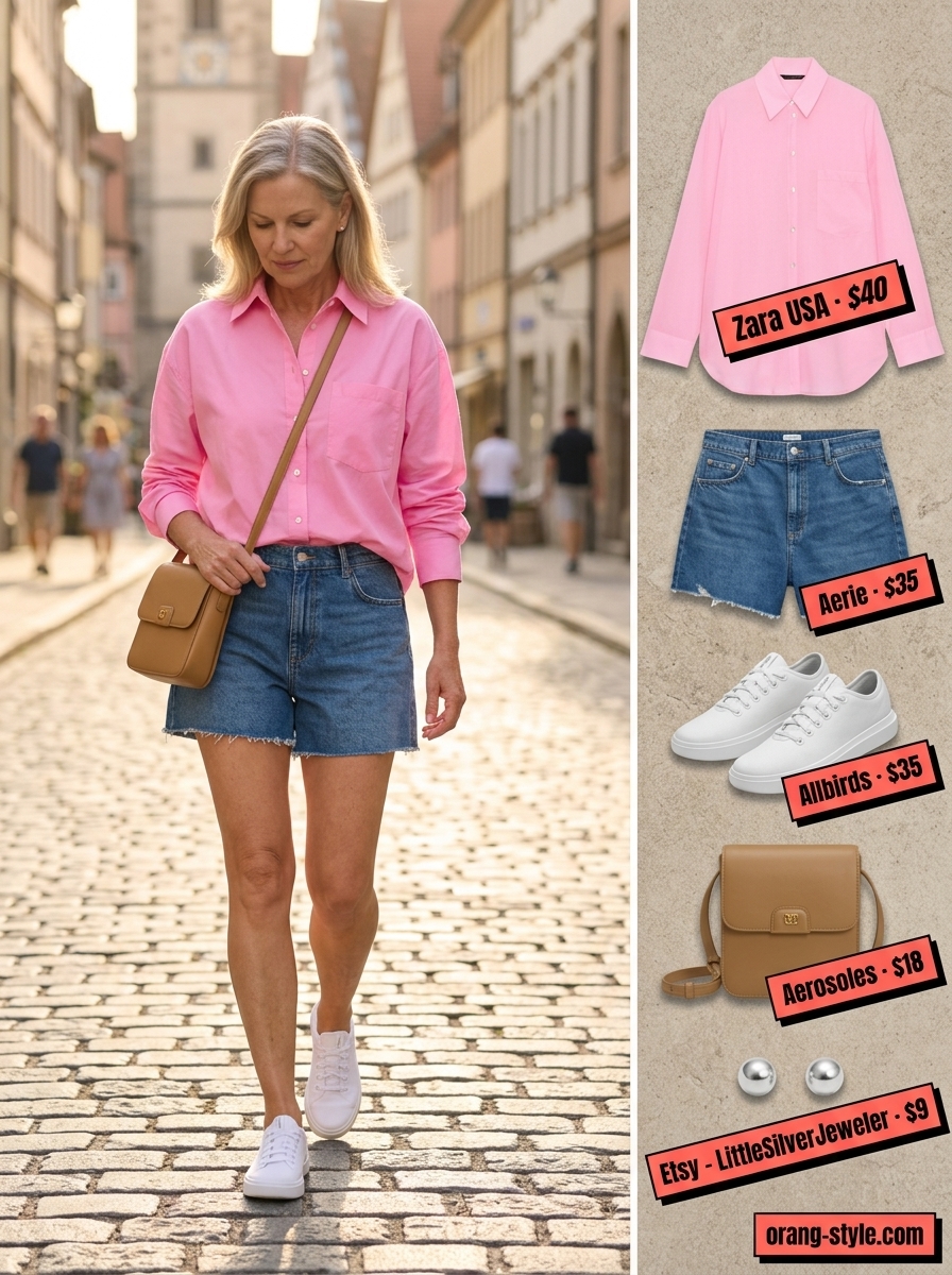 Casual summer cotton outfit for women over 60 2026: denim shorts, pink shirt, sneakers. Weekend errands.