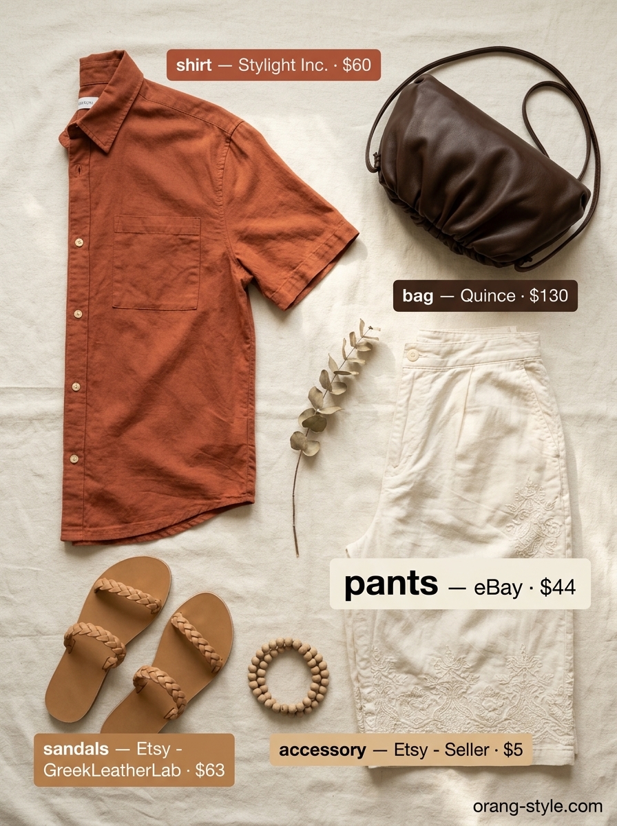 Artistic summer cotton outfit for women over 60 2026: Embroidered culottes, terracotta top, leather sandals.