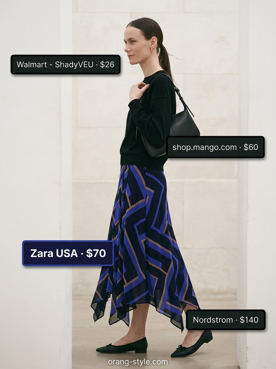 Artistic summer cotton outfit for women over 60 2026: Midi skirt, black tee, flats & sunglasses.