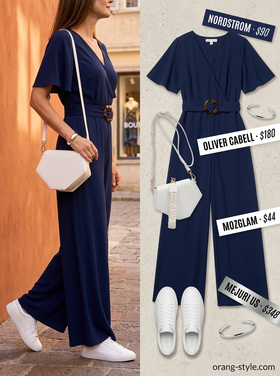 Polished summer cotton outfit for women over 60 2026: Navy jumpsuit, white sneakers, silver accents.
