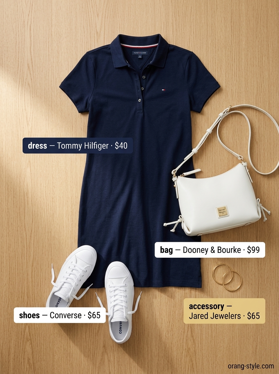 Classic summer cotton outfit for women over 60 2026: navy knit polo dress, white sneakers. Casual chic.