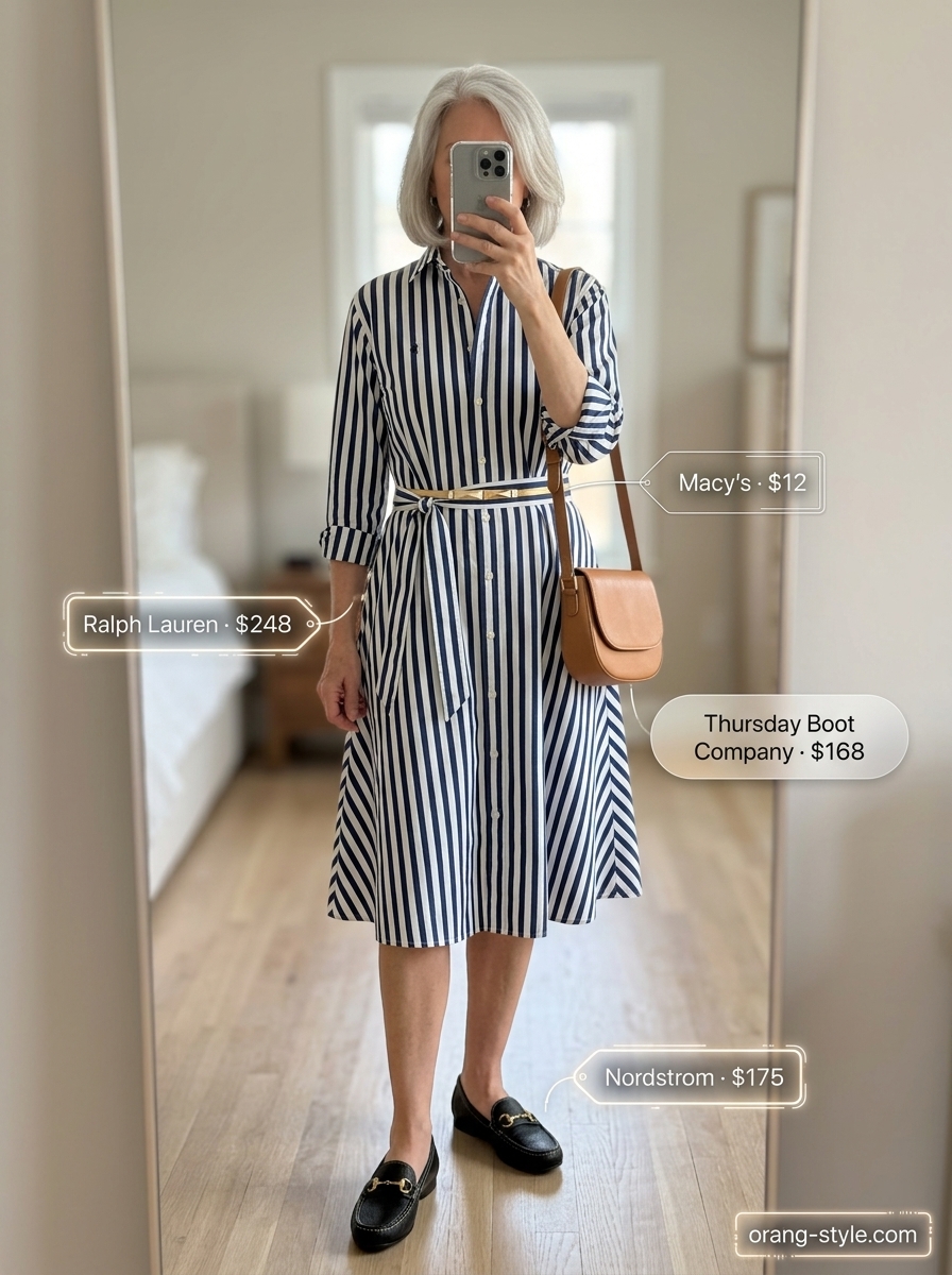 Polished summer cotton outfit for women over 60 2026: navy stripe shirtdress, loafers. Casual outing.