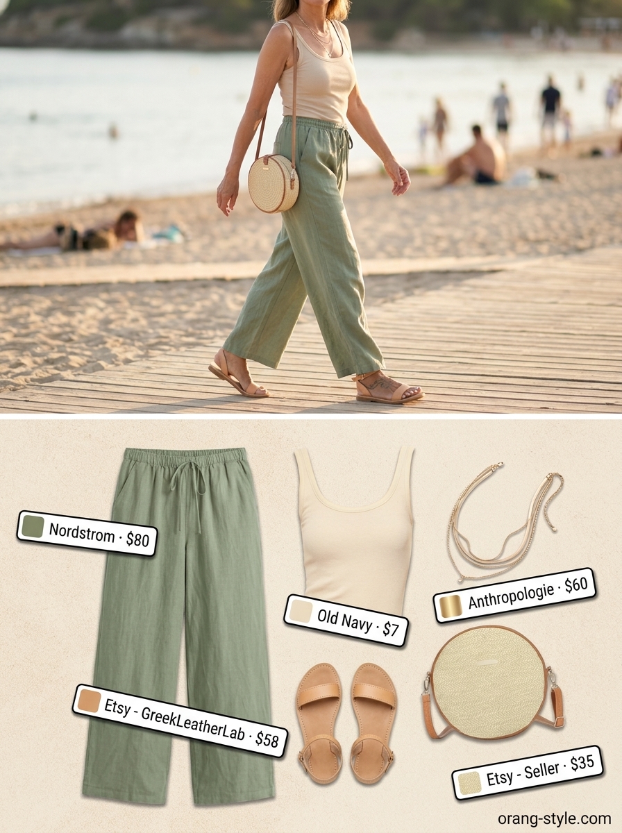 Chic summer cotton outfit for women over 60 2026: sage green linen pants, cream tank, leather sandals. Beach stroll.