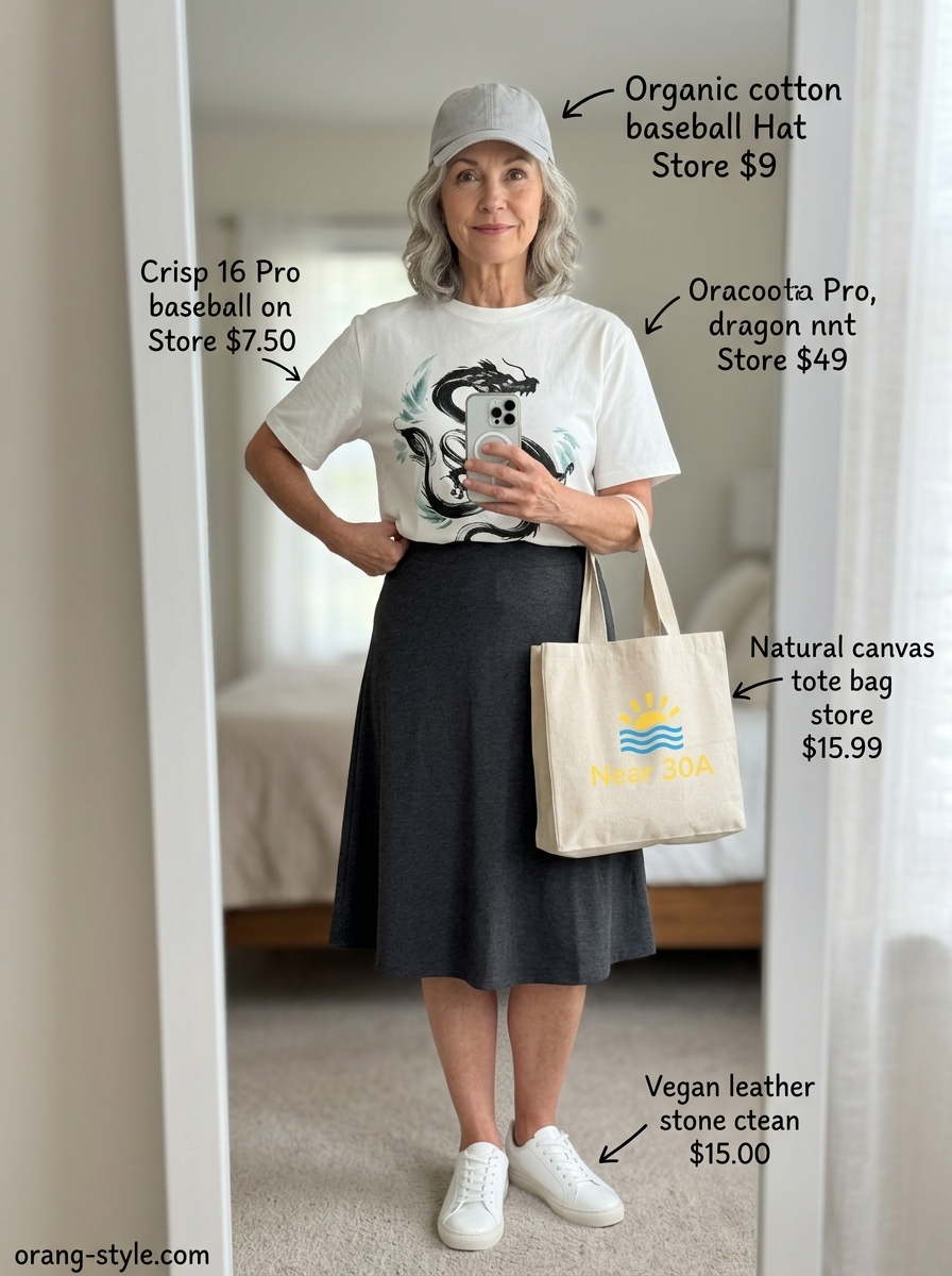 Sporty summer cotton outfit for women over 60 2026: grey skirt, graphic tee, sneakers. Casual errands.