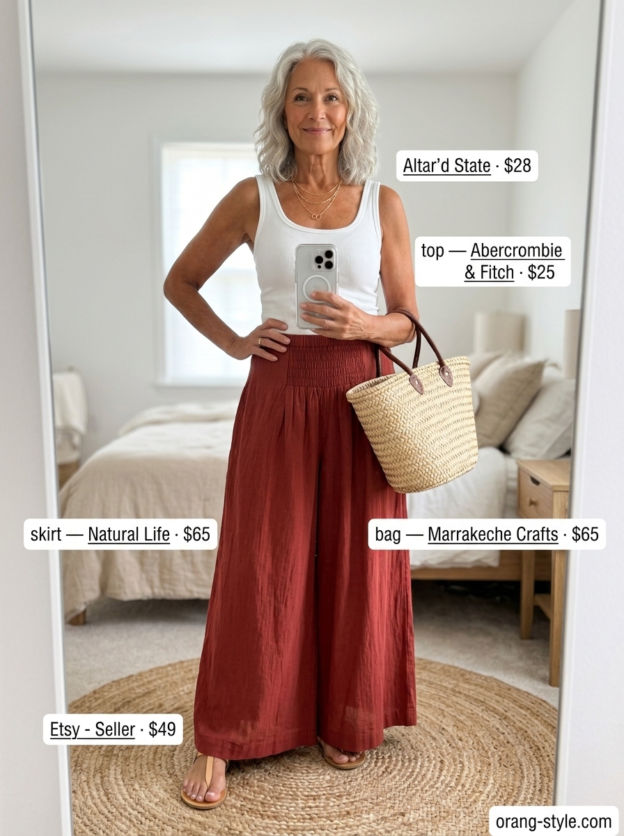 Relaxed summer cotton outfit for women over 60 2026: Terracotta trousers, white tank, straw tote.