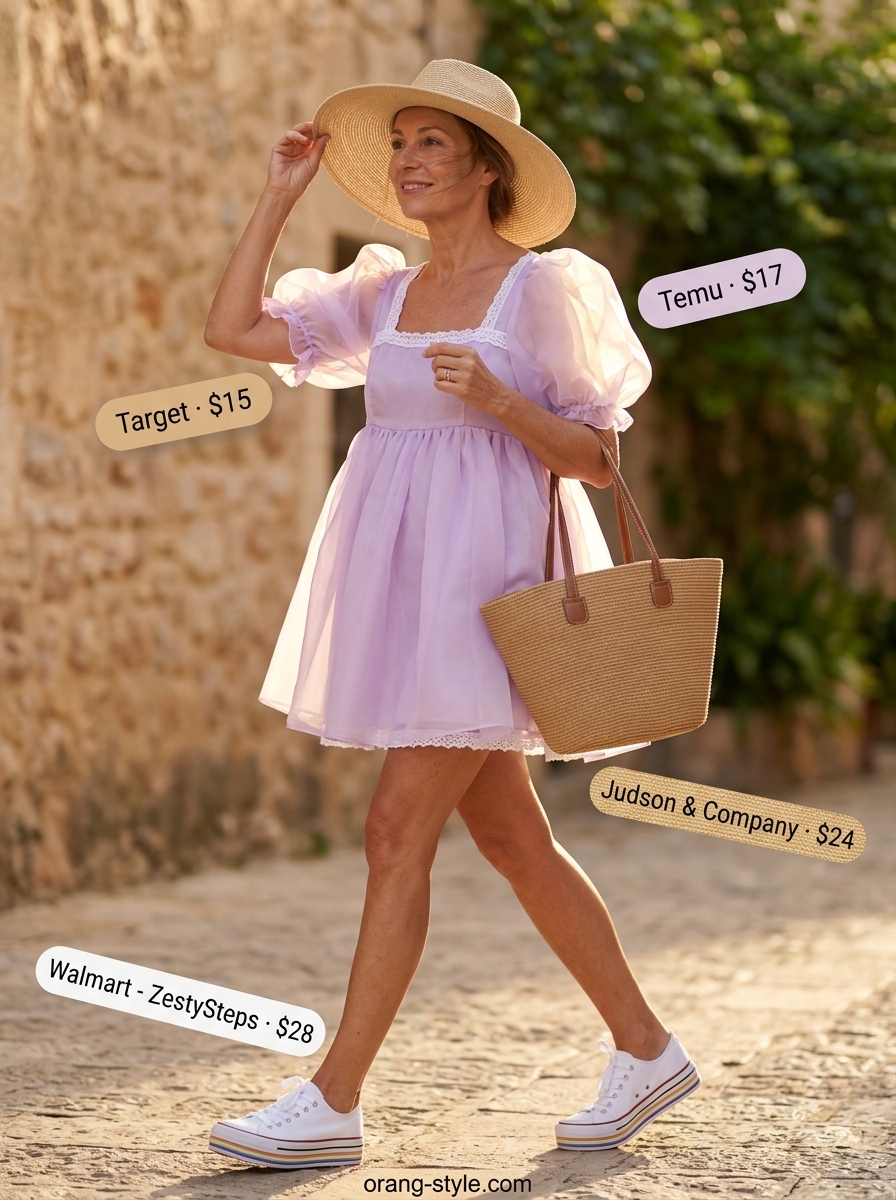 Chic summer cotton outfit for women over 60 2026: Pale yellow sundress, white sneakers, straw hat & tote.