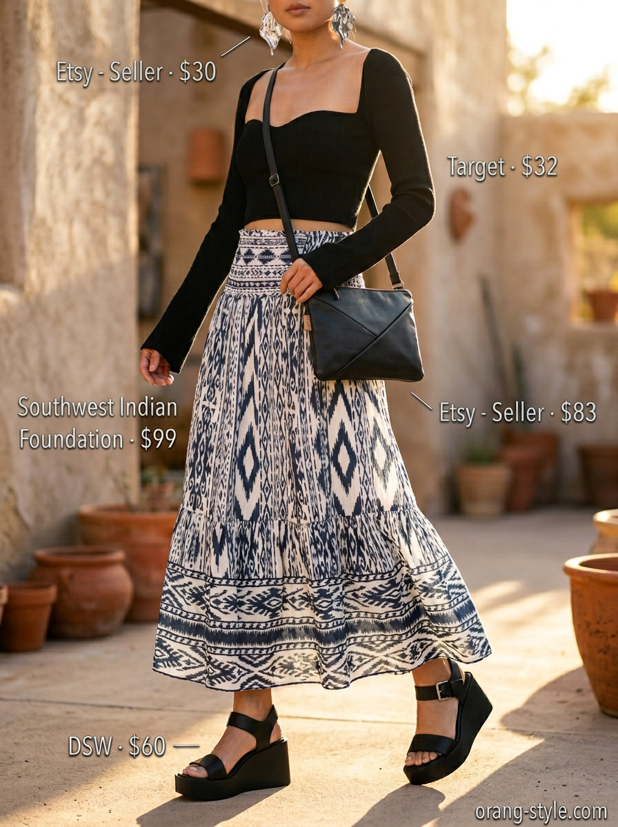 Abstract art summer crop top with maxi skirt outfit 2026. Creative and eclectic look.