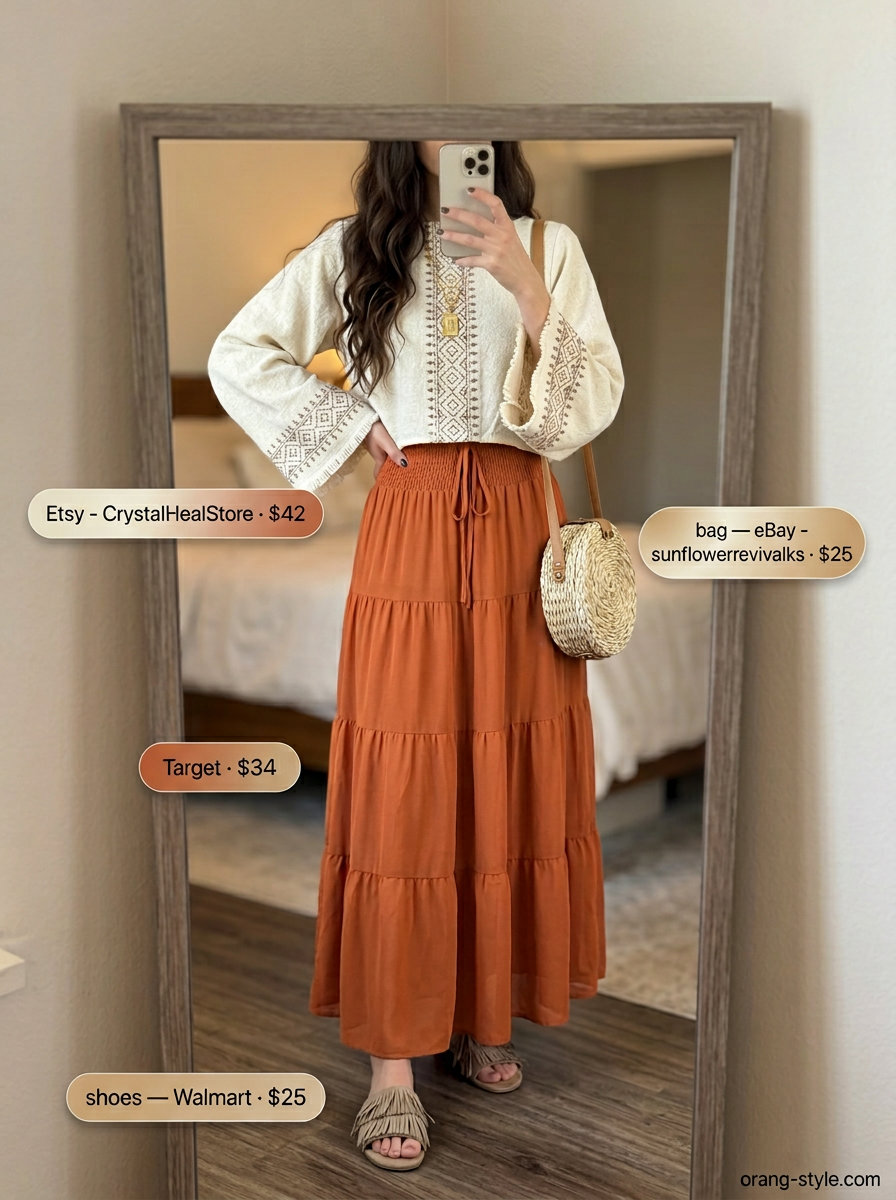 Bohemian sunset summer crop top with maxi skirt outfit 2026. Dreamy and earthy look.
