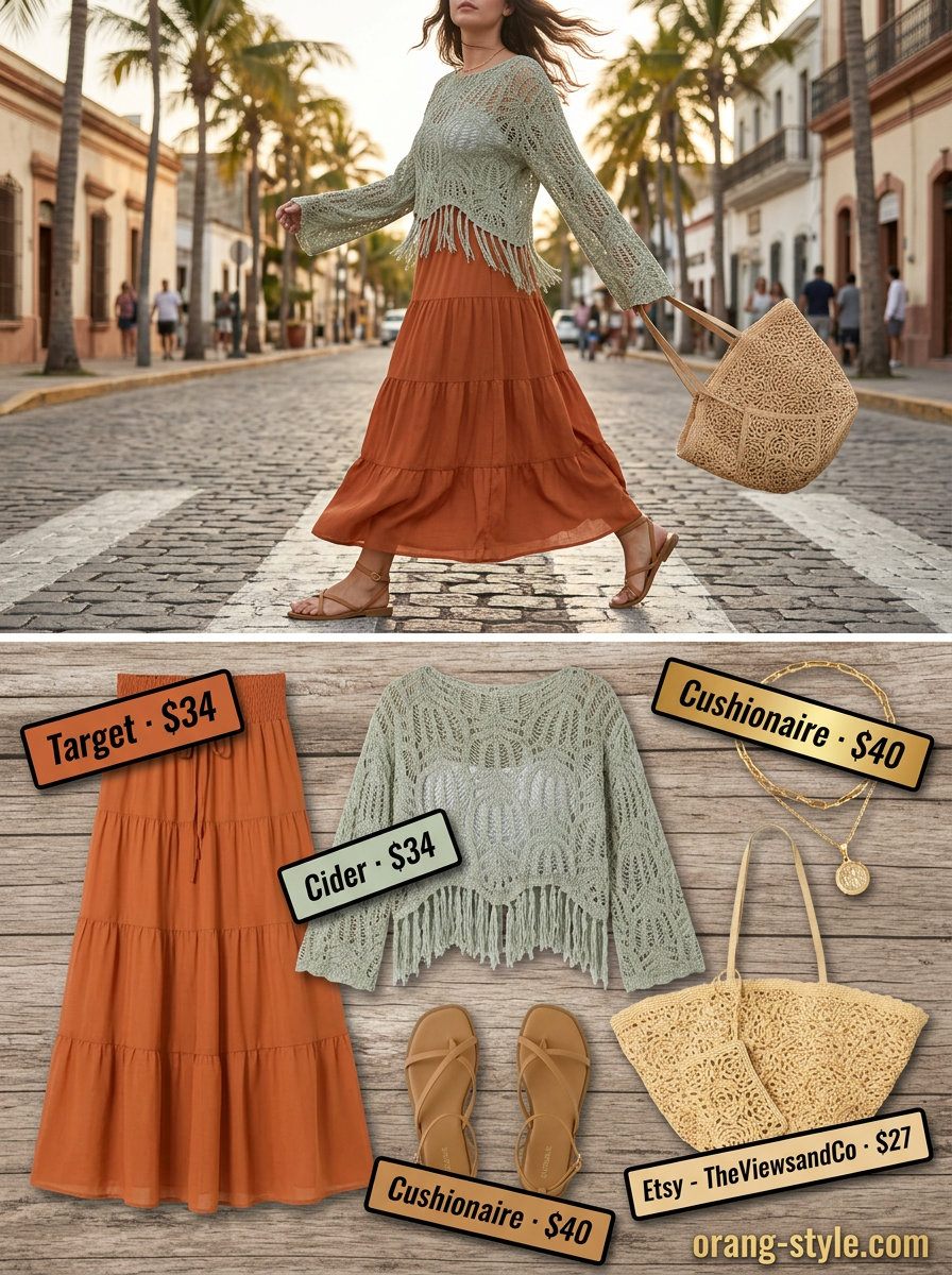 Boho sunset summer crop top with maxi skirt outfit 2026. Free-spirited festival style.