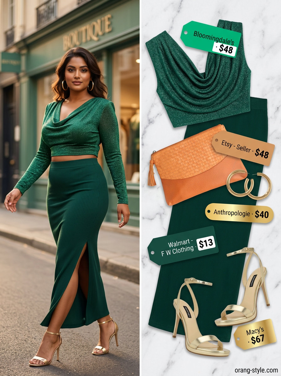 Emerald green metallic crop top with high-slit maxi skirt for summer crop top with maxi skirt outfits 2026 resort dinner.