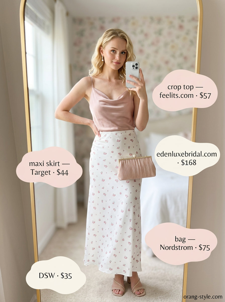 Blush pink silk crop top with floral maxi skirt for summer crop top with maxi skirt outfits 2026 garden party.
