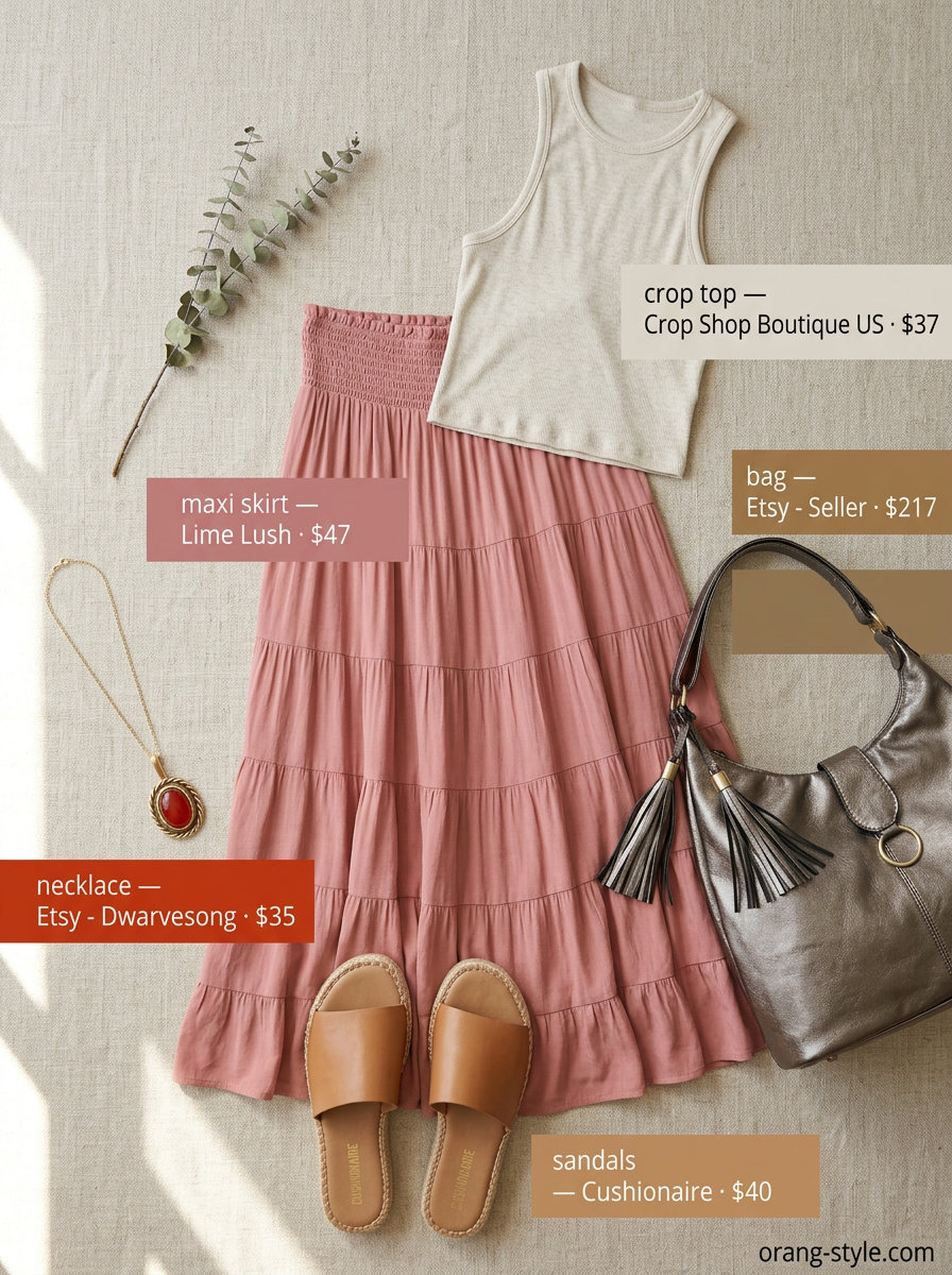 Oatmeal knit crop tank with dusty rose tiered maxi skirt for summer crop top with maxi skirt outfits 2026 lakeside picnic.