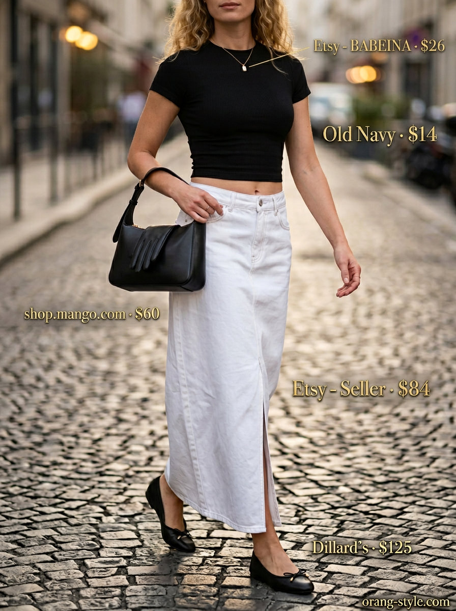Parisian cafe summer crop top with maxi skirt outfit 2026. Classic and chic style.