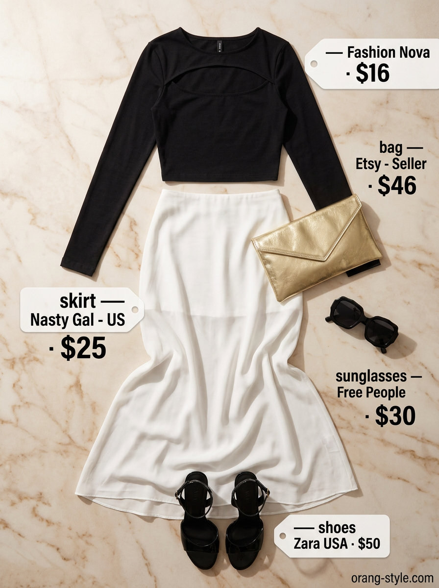 Black crop top with white chiffon maxi skirt for summer crop top with maxi skirt outfits 2026 poolside glam.