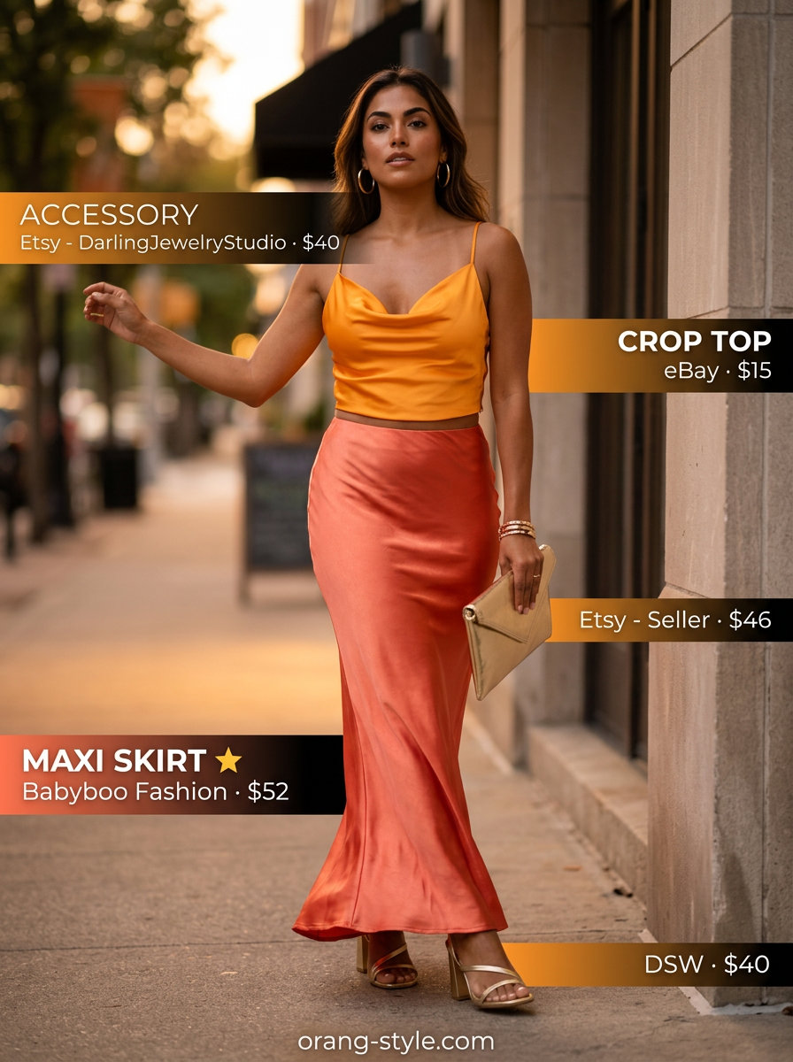 Resort glamour summer crop top with maxi skirt outfit 2026. Vibrant coral satin look.