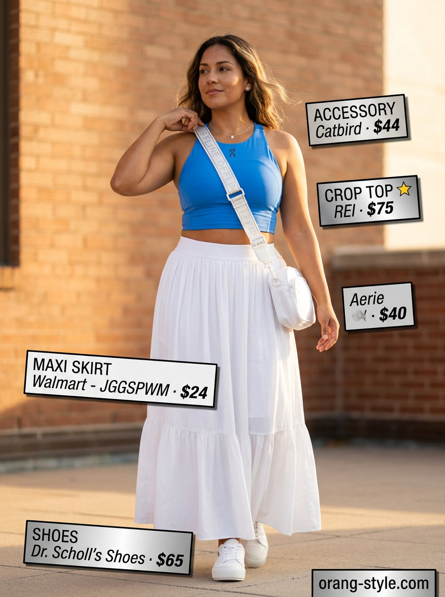 Sporty chic summer crop top with maxi skirt outfit 2026 in cerulean blue, white, and silver. Casual day out style.