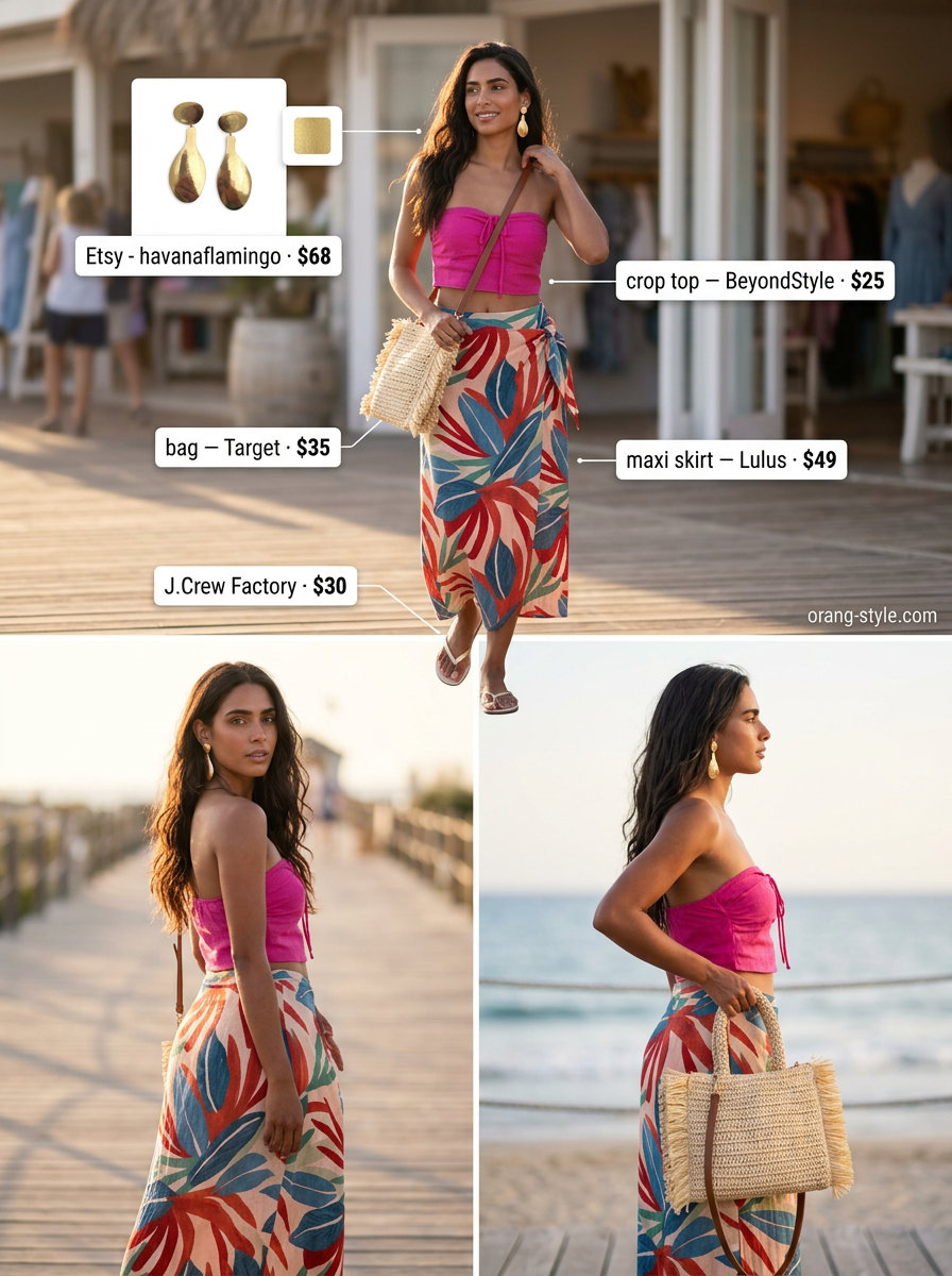 Fuchsia bandeau crop top with orange tropical maxi skirt for summer crop top with maxi skirt outfits 2026 tropical vacation.