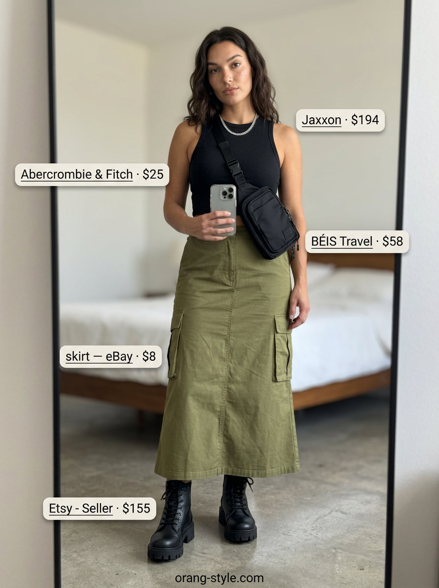 Urban utility summer crop top with maxi skirt outfit 2026. Edgy street style.