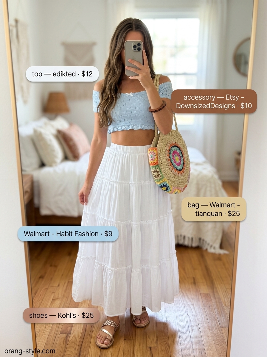 Boho summer eyelet tops outfit 2026: Sky blue off-shoulder top, white maxi skirt, straw tote for festival.