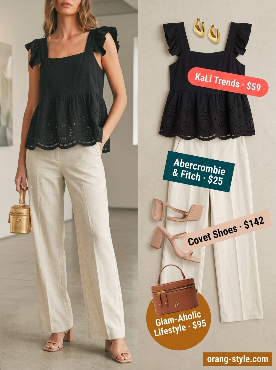 Black eyelet peplum top with cream trousers for a sophisticated city brunch outfit 2026.