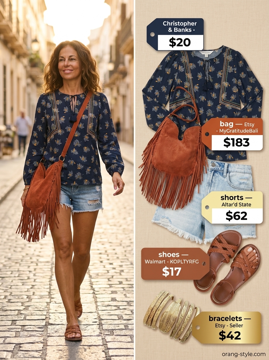 Navy blue eyelet peasant top with denim shorts for a summer eyelet tops outfit 2026.