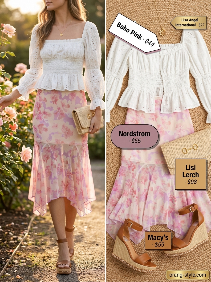 White eyelet top with floral skirt for a garden party outfit 2026.