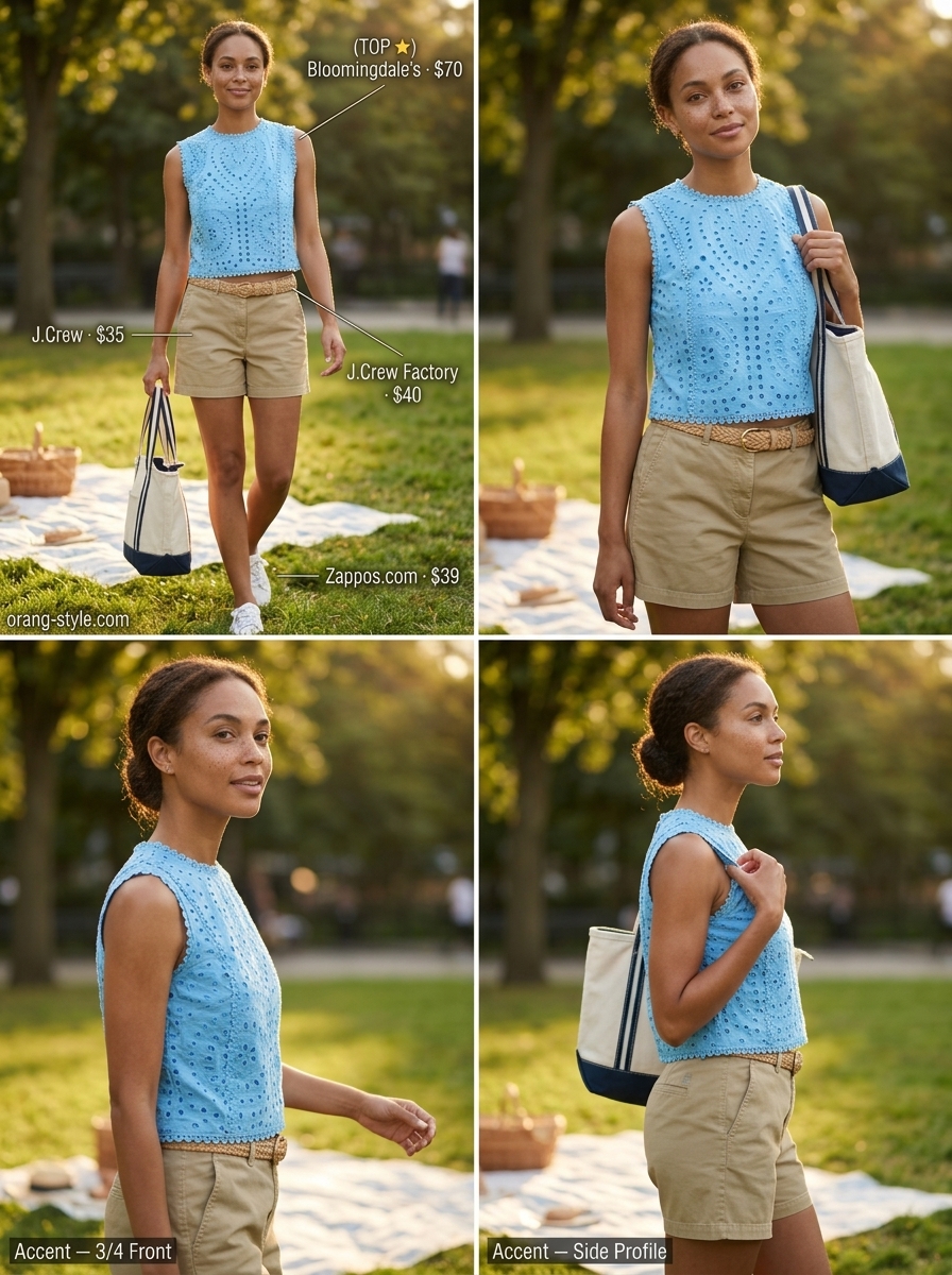 Sky blue eyelet shell top with khaki chino shorts for a summer eyelet tops outfit 2026.