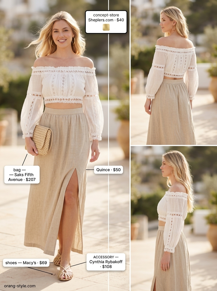 White eyelet off-the-shoulder top with tan linen maxi skirt for a summer eyelet tops outfit 2026.