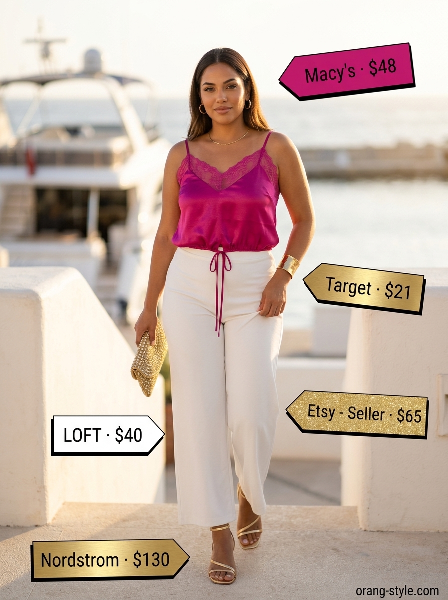 Fuchsia pink eyelet top with white palazzo pants for a glamorous resort dinner outfit 2026.
