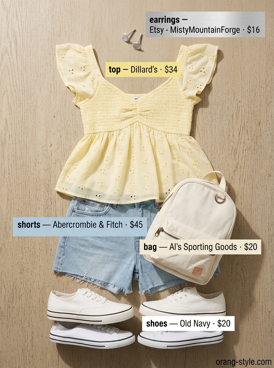 Pastel yellow eyelet babydoll tunic with light wash denim shorts for a summer eyelet tops outfit 2026.