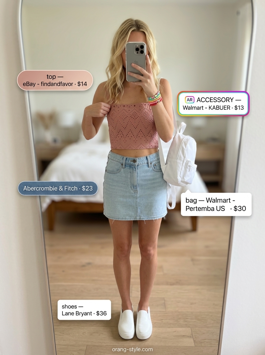 Playful summer eyelet tops outfit 2026: Blush pink crop top, denim mini skirt, white sneakers for summer picnic.