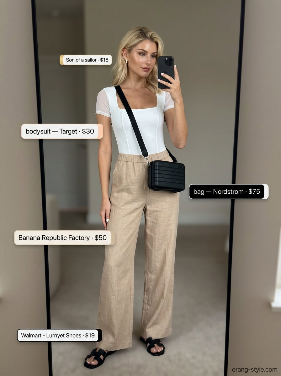 Minimalist summer eyelet tops outfit 2026: White square neck bodysuit, beige wide-leg pants, black sandals for city stroll.