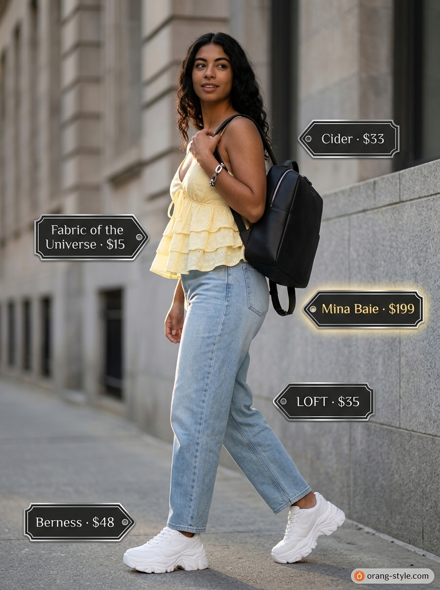 Cool summer eyelet tops outfit 2026: Cream eyelet cropped top, light wash barrel jeans, platform sneakers for gallery hop.