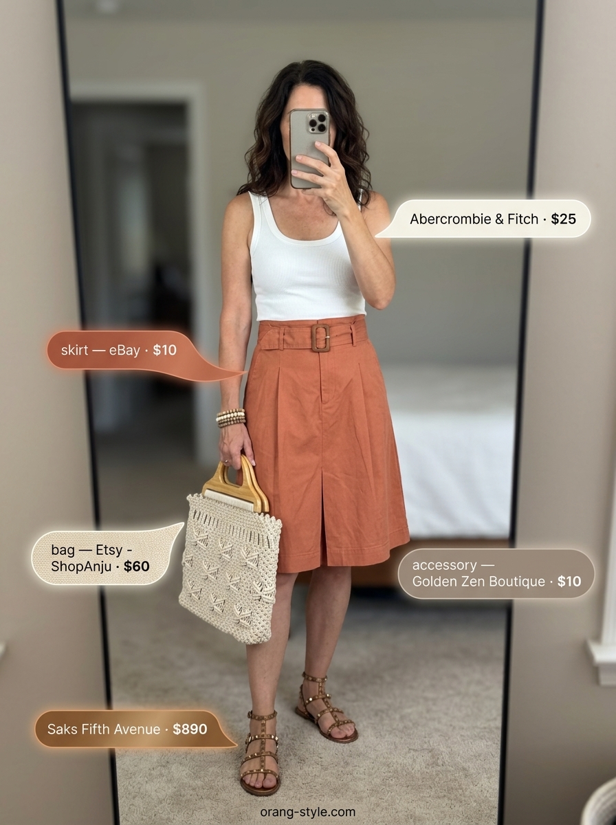 Summer outfit for women over 50 2026: Terracotta A-line skirt, ivory knit top, macrame tote for market.