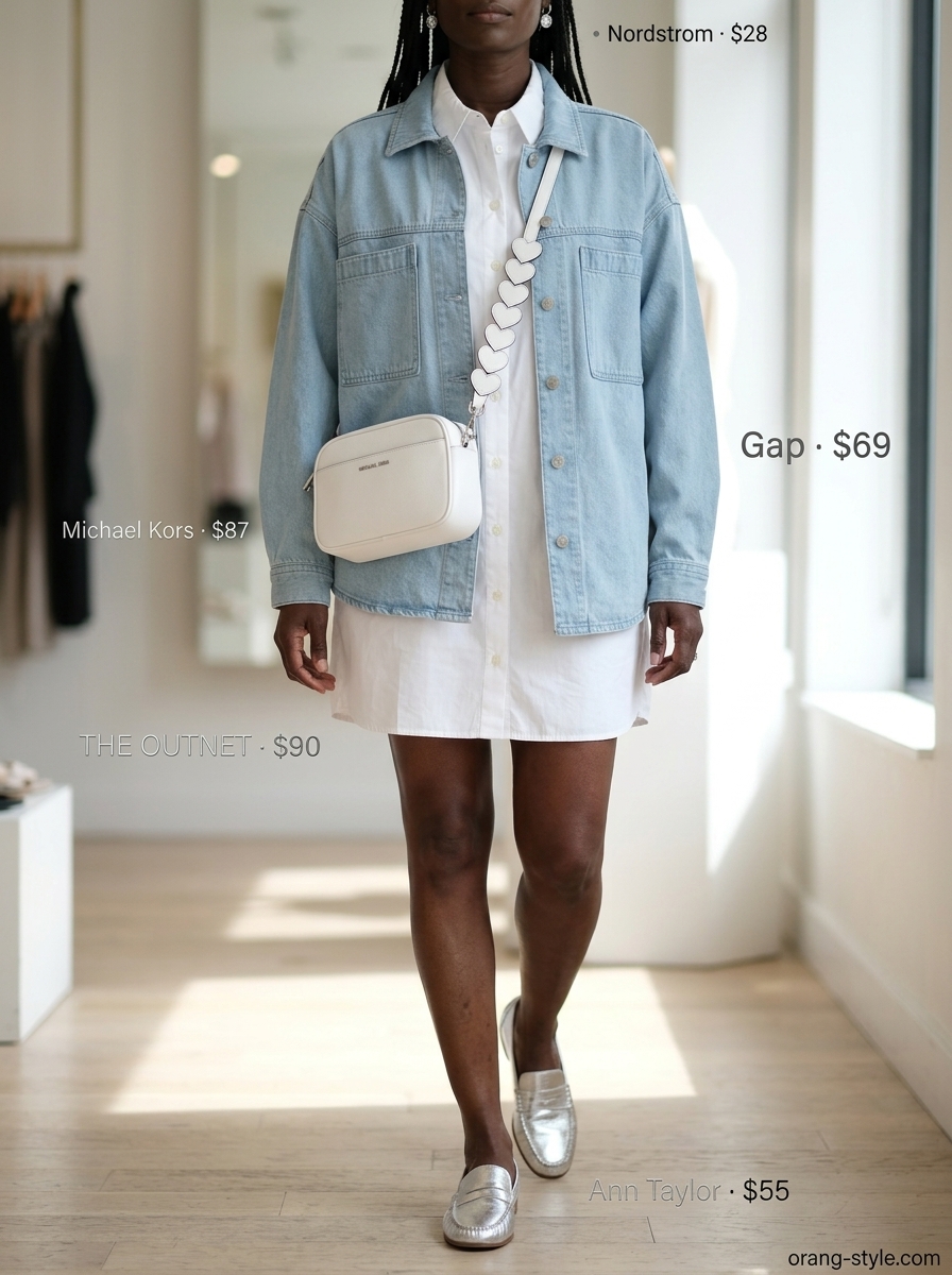 Fresh summer outfit for women over 50 2026: White shirtdress, denim jacket, silver loafers for shopping.